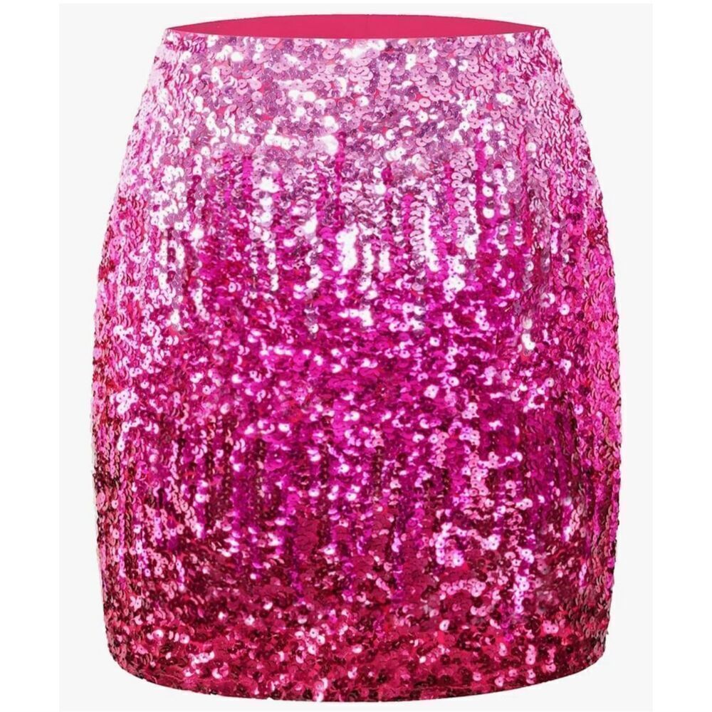Manor Sequin Ombre Pink Red Bodycon Mini Skirt Stretch Party Size Large